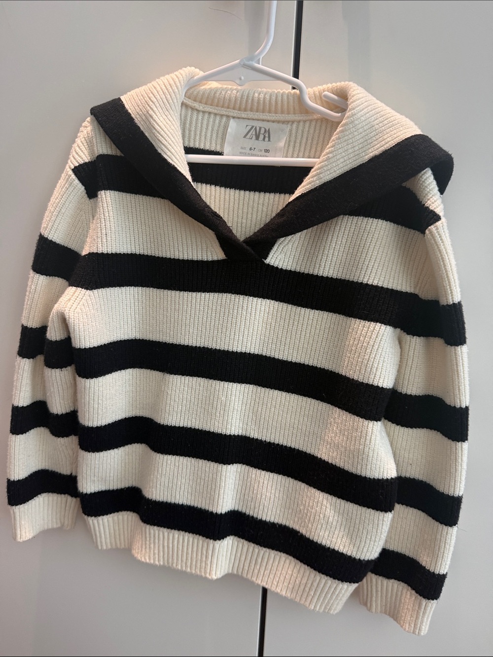 ZARA Kids Cream and Black Striped Sailor-Collar V-Neck Sweater